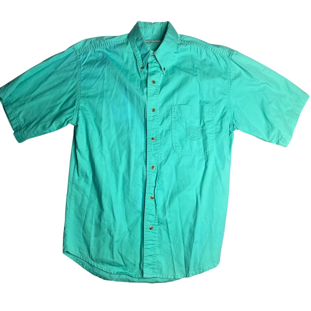 Vintage Bugle Boy Short Sleeve Shirt Mens Teal Green Cotton Twill Vintage Logo